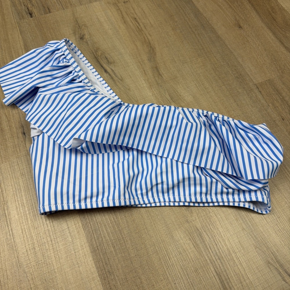 Women's Bikini Set Small NWOT Blue White Stripe One Shoulder Ruffle High Waist - Picture 7 of 7